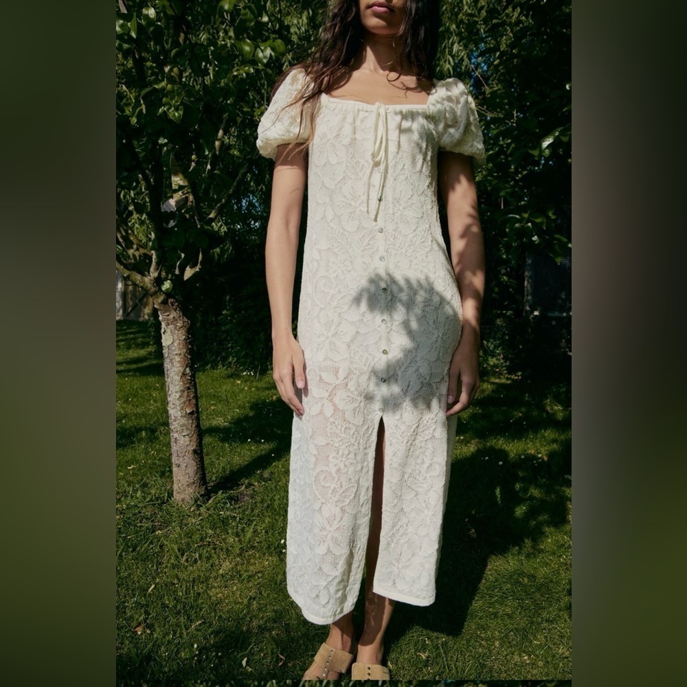 Zara‎ Oyster White Jacquard Knit Squared Neck Summer Boho Midi Lined Dress Sz S